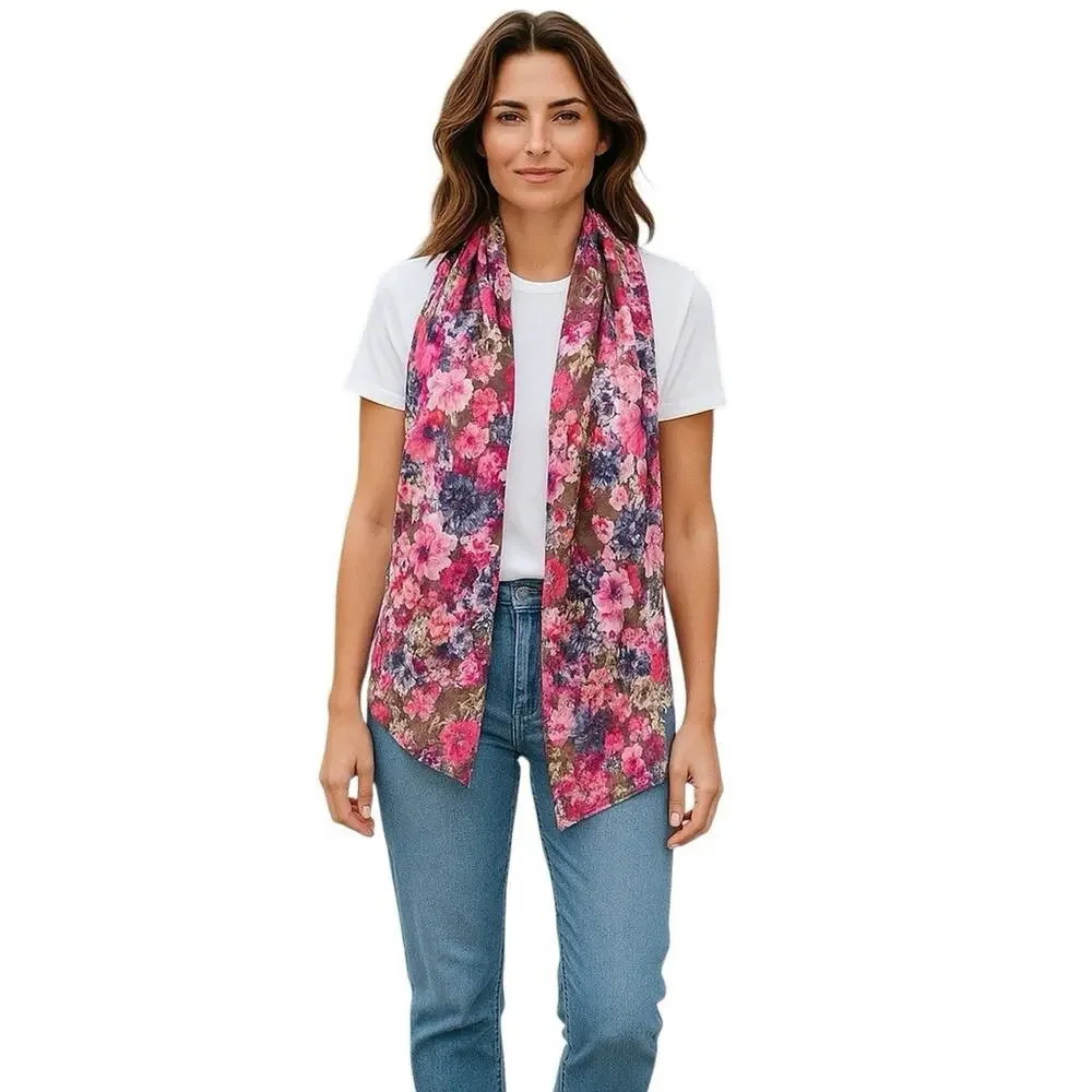 Floral Viscose Scarf Wrap Brown Pink Blue Yellow Flowers